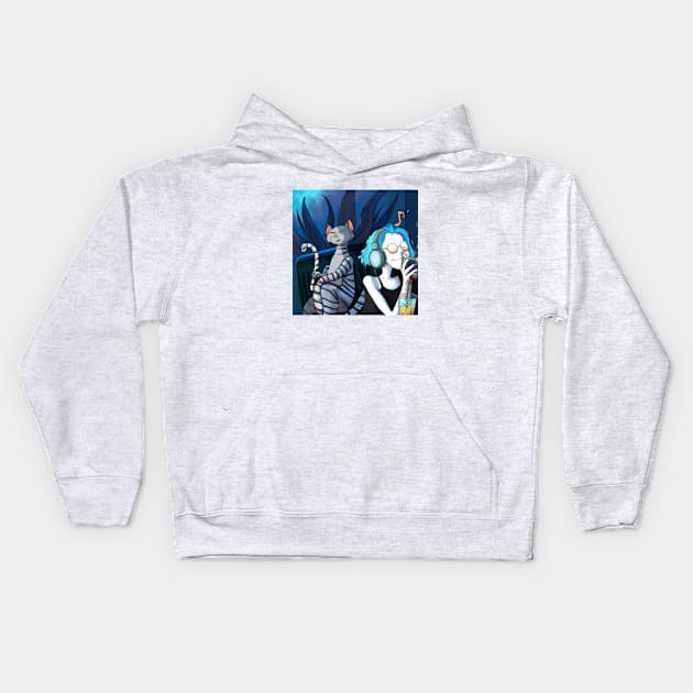 Blue Haired Girl Enjoys Music and Drink with Suspicious Cat Kids Hoodie by Star Scrunch